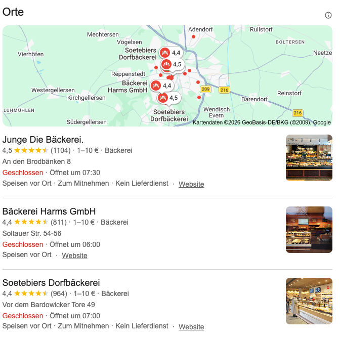 Google's local pack for a bakery search in Lüneburg: a map and the top three businesses with star ratings, review counts and opening hours.