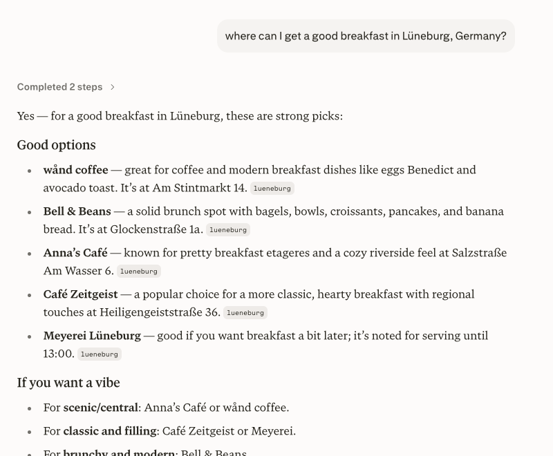 Perplexity answers where to get a good breakfast in Lüneburg and names specific cafés like wånd coffee, Bell & Beans and Anna's Café.